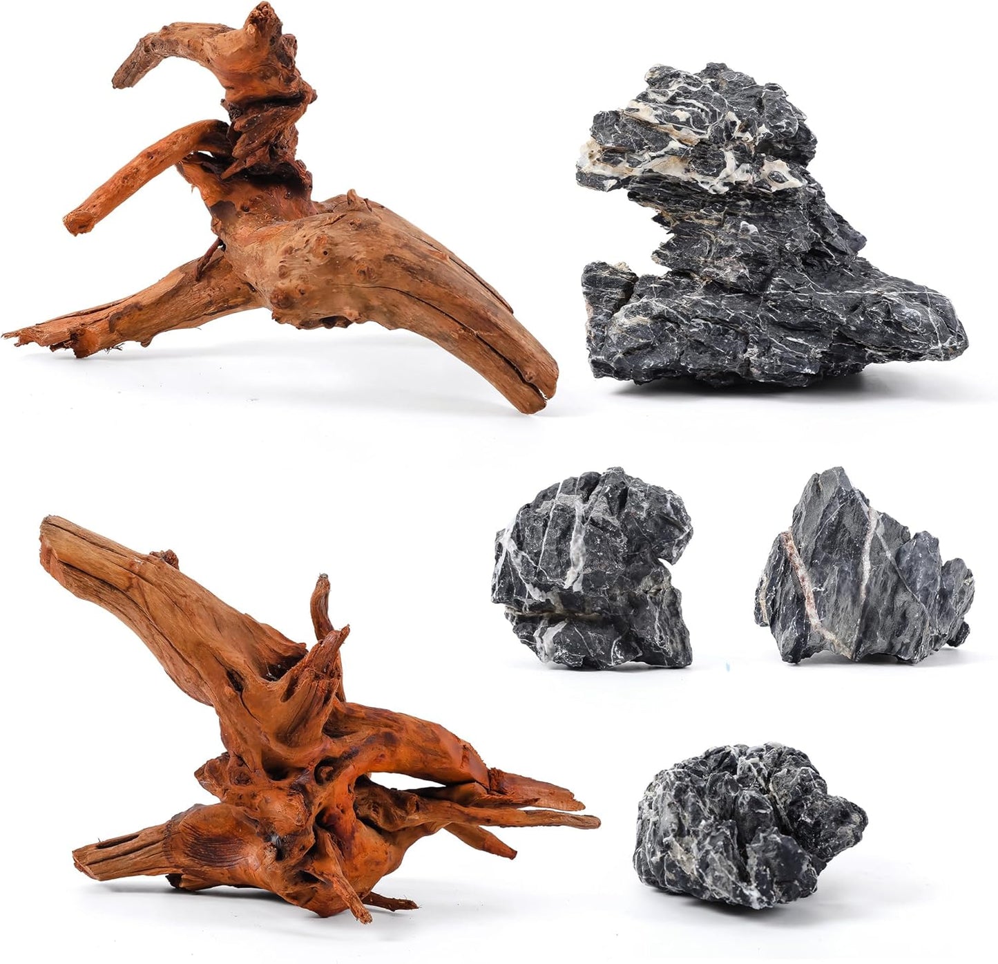 Aquarium Rocks & Driftwood Decor Kit, 2-8 Inches Natural Seiryu Stone 4 PCS for Aquascaping, 6-10 Inches Natural Driftwood 2 PCS for Fish Tank Decoration, Reptile and Amphibian Enclosures