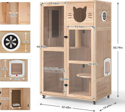 COZIWOW Large Wooden Cat House with Scratching Posts, Multi-Level Indoor Cat Enclosure with Acrylic Doors, Ventilation Holes, and Wheels (Natrual Wood)