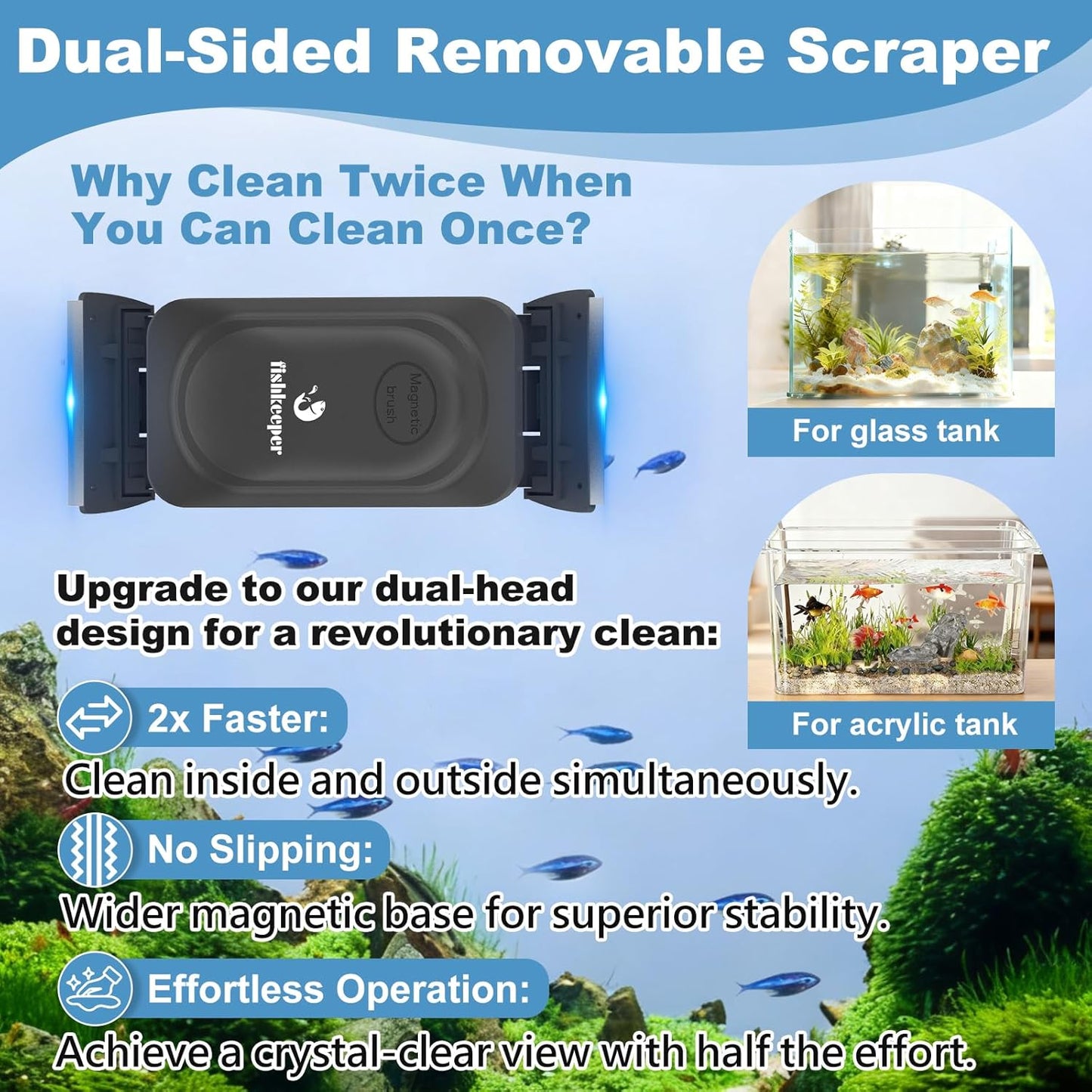 fishkeeper Magnetic Aquarium Glass Cleaner, Dual-Blades Algae Fish Tank Glass Cleaner Brush for 0.2-0.4 Inch Thick Glass Aquariums Tank, Self-Floating Scrubber Brush with 4 Detachable Scraper