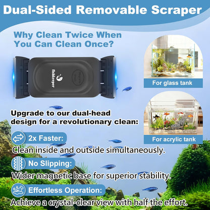 fishkeeper Magnetic Aquarium Glass Cleaner, Dual-Blades Algae Fish Tank Glass Cleaner Brush for 0.2-0.4 Inch Thick Glass Aquariums Tank, Self-Floating Scrubber Brush with 4 Detachable Scraper