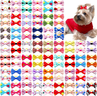 100PCS Cute Puppy Dog Small Bowknot Hair Bows,Yorkie Doggie Bows with Rubber Band Pet Grooming Bows Dog Hair Costume Accessories for Small Dog