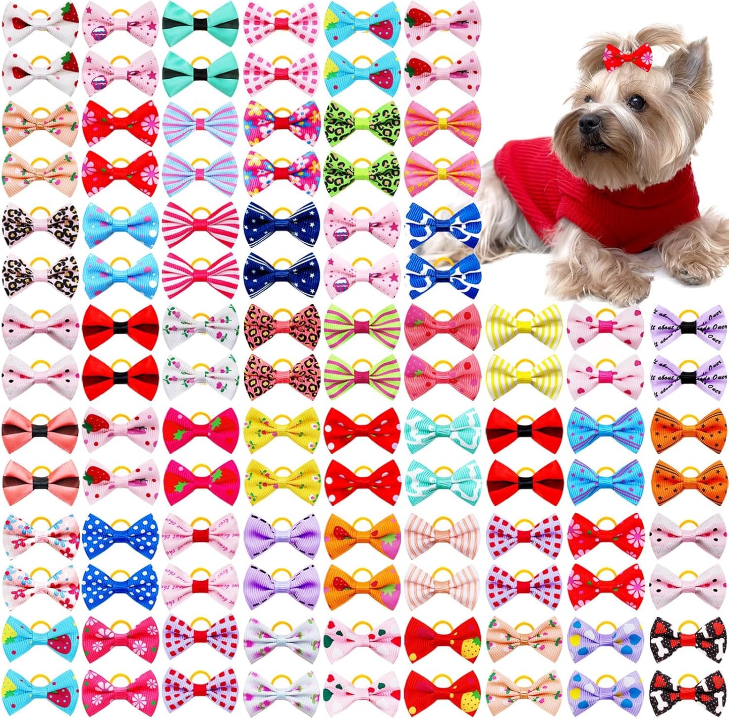 100PCS Cute Puppy Dog Small Bowknot Hair Bows,Yorkie Doggie Bows with Rubber Band Pet Grooming Bows Dog Hair Costume Accessories for Small Dog