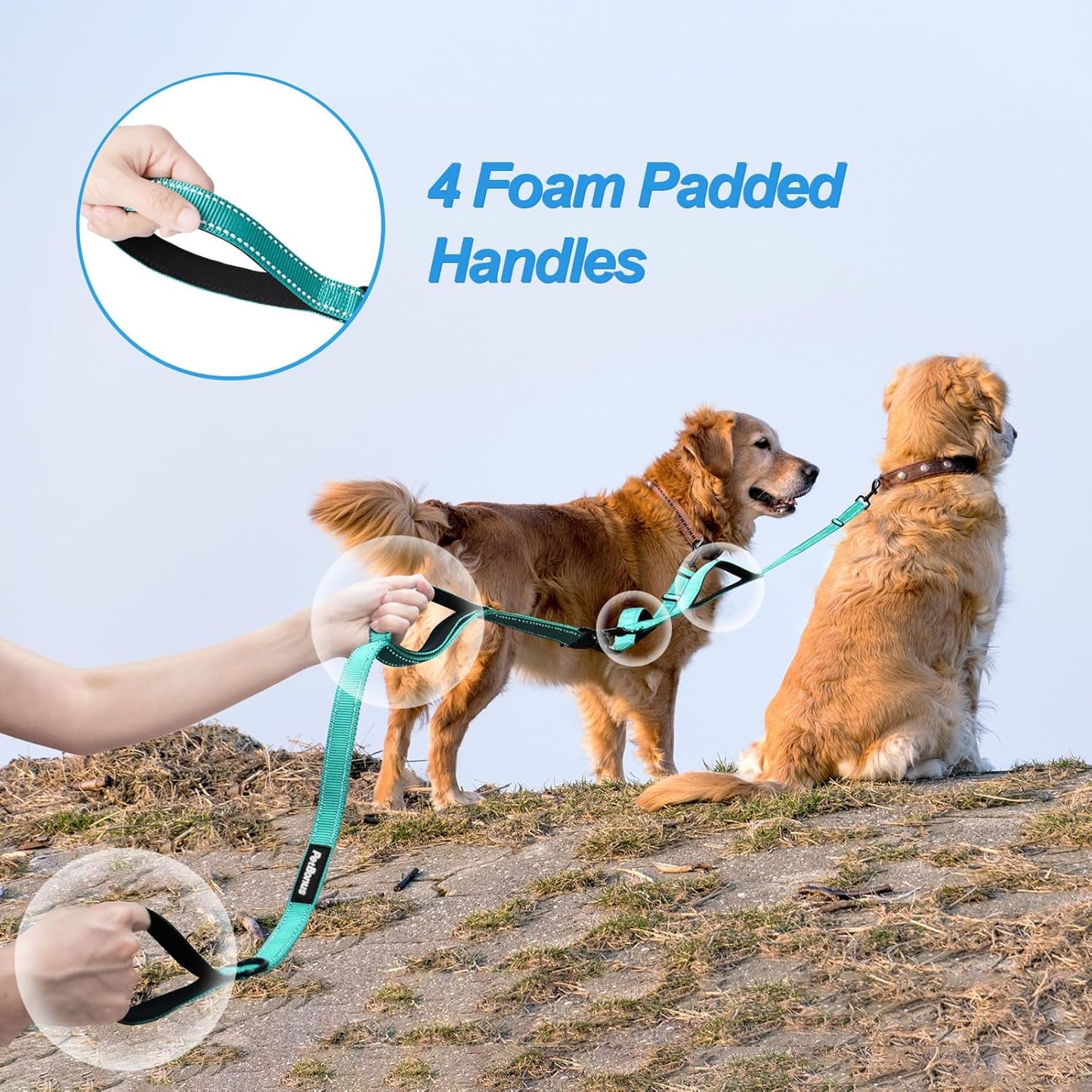 PetBonus Double Dog Leash, No Tangle Dual Leash, Reflective Walking Training Lead, 4 Comfortable Padded Handles for 2 Dogs with Collapsible Bowl and Waste Bags (Turquoise, Large)