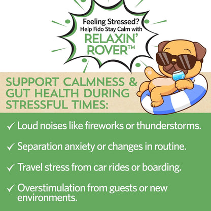 Fidobiotics Relaxin’ Rover Calming Supplement, Probiotics for Dogs with Valerian, Chamomile & GABA for Stress & Anxiety Relief, Tasty T-Bone Flavor 20 Servings