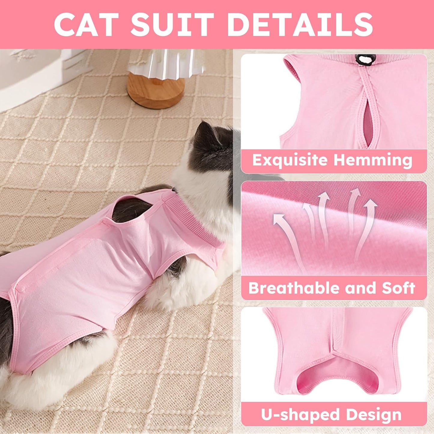 Cat Recovery Suit for Spay Abdominal Wounds, Kitten Onesie Bodysuit for Cats After Surgery, Cat Surgery Recovery Suit Female Cone of Shame Alternative for Cats Anti Licking (Pink,M)
