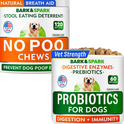 BARK&SPARK Dog Probiotics for Digestive Health & Enzymes + No Poo Chews for Dogs - Diarrhea, Gas, Upset Stomach Relief & Season Allergy - Coprophagia & Stool Eating Deterrent with Probiotics