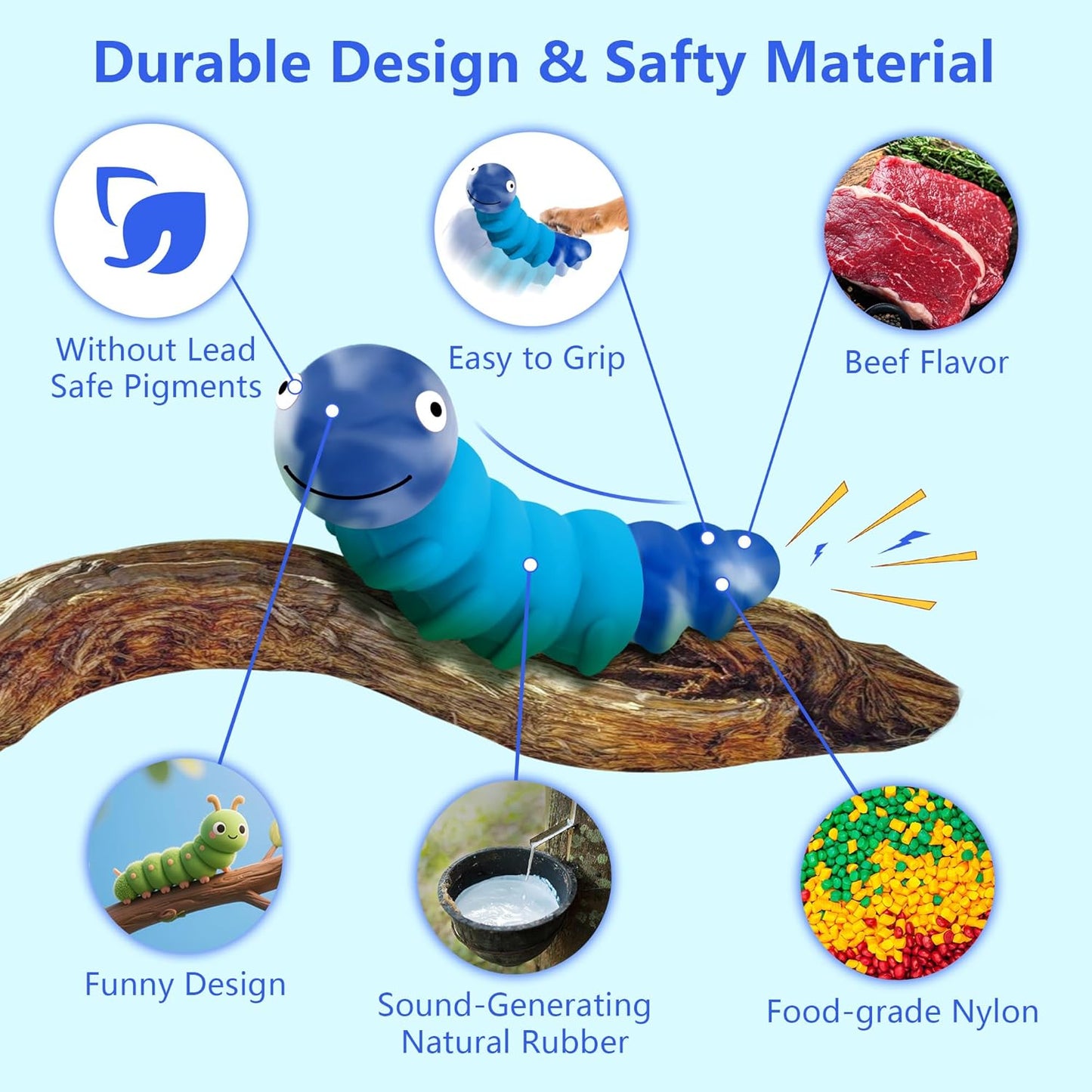 Caterpillar Indestructible Dog Toys for Aggressive Chewers, Tough Chew Proof Toy for Large Dogs, Squeaky Rubber Chew Toy with Beef Flavor for Boredom & Anxiety Relief (Blue)