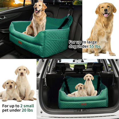 Dog Car Seat for Large/Medium Dogs - Memory Foam Dog Booster Seat for Under 55Lbs or 2 Small Dogs-Detachable and Washable Travel Bed with Thick Cushion and Storage Pockets-Green
