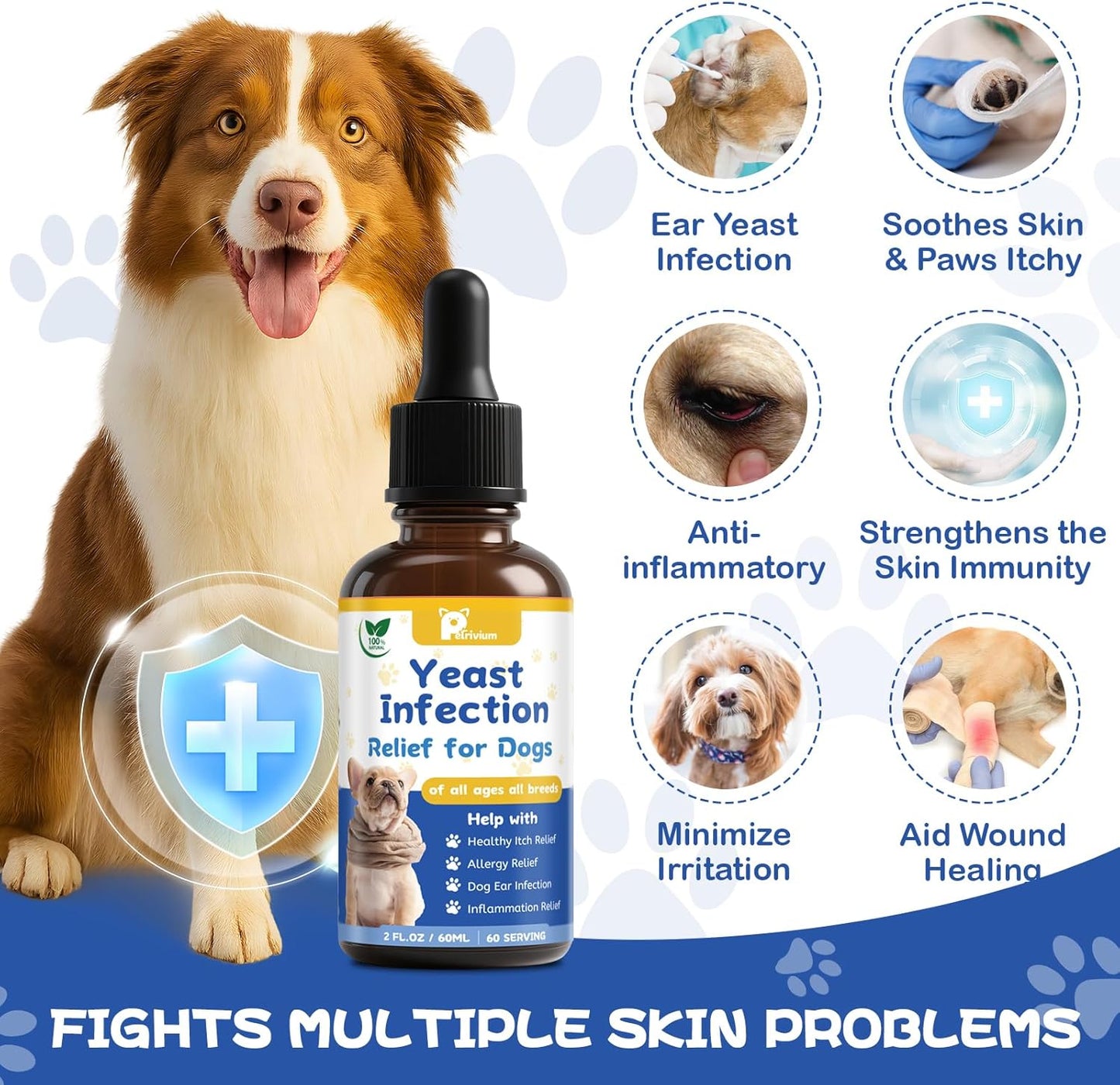 Yeast Infection Treatment for Dog, Natural Dog Yeast Infection Relief for Itchy Skin & Ear - Allergy & Paw Itching, Soothes Irritation & Reduces Inflammation Herbal Dog Supplement Drops
