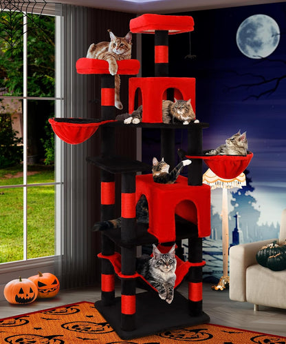 AMHANCIBLE Gothic Cat Tree, 70 Inch Tall for Indoor Adult Cats, Large Multi-Level Tower with Scratching Post, Hammock, Condos, Hanging Basket, Activity Center to Play and Sleep, Black Red, PT18RD