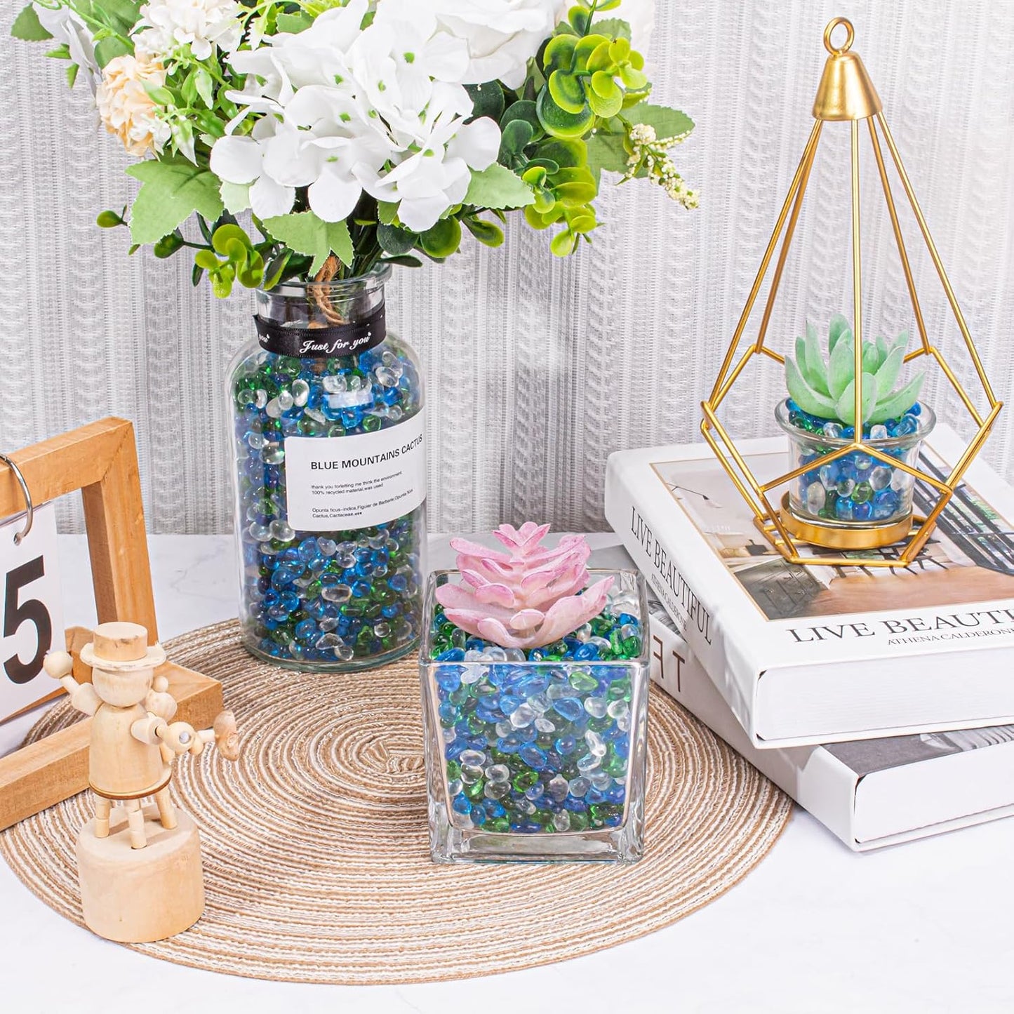 Keedolla Aquarium Glass Pebbles Stones Fish Tank Rocks Gravel, Green Mix Glass Gemstones Fish Bowl Rocks for Vase Fillers, DIY Crafts, Home Decor - 15 Oz, 6-9mm