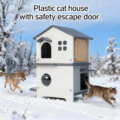 Weatherproof Outdoor Cat House Insulated for Feral Multi Cat, 2 Storey Plastic Elevated Cat Shelter with Escape Door, Scratching Post, Stainless Steel Bowl, Grey 35" D x 15" W x 20" H