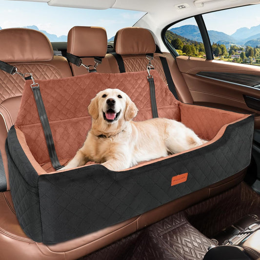 Large Dog Car Seat Under 100 lbs, Washable Dog Car Bed for 2 Medium Dogs, Detachable Pet Booster Seat with Storage Pocket and Seat Belt for Back Seat Dog Travel Bed