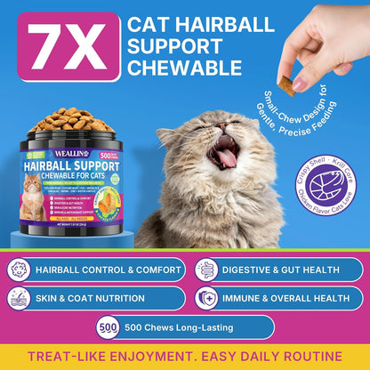 Cat Hairball Support Chews 500 Chews, Cat Hairball Remedy Treats Crunchy Shell with Krill Core, Furball Control Relief, Digestion, Supports Skin & Coat, Chicken Flavor, for All Breeds & Ages Cats