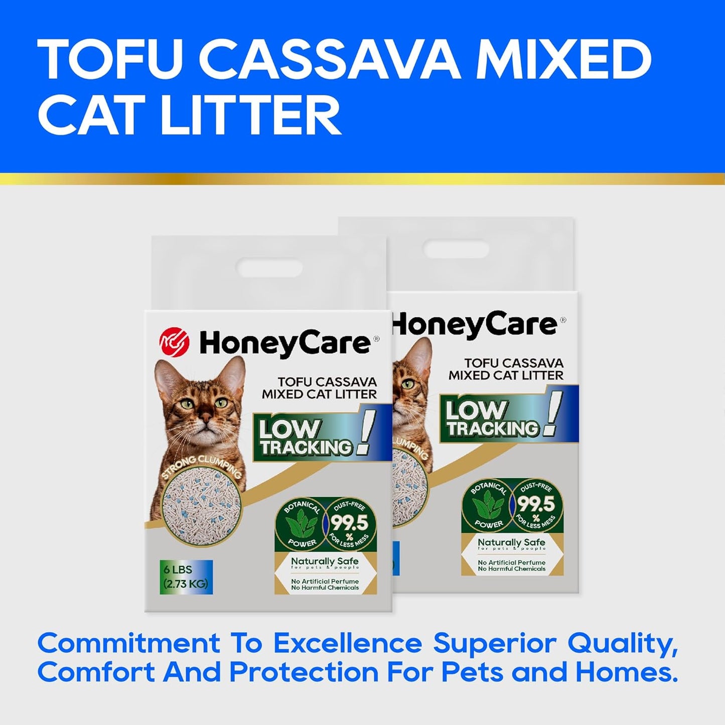 HoneyCare Cassava Tofu Mixed Cat Litter I Quick Clumping, Odor Control, Plant-Based Natural Ingredients, Non-Stick, Low Tracking, & Low Dust, 24 Lbs (4 Packs)