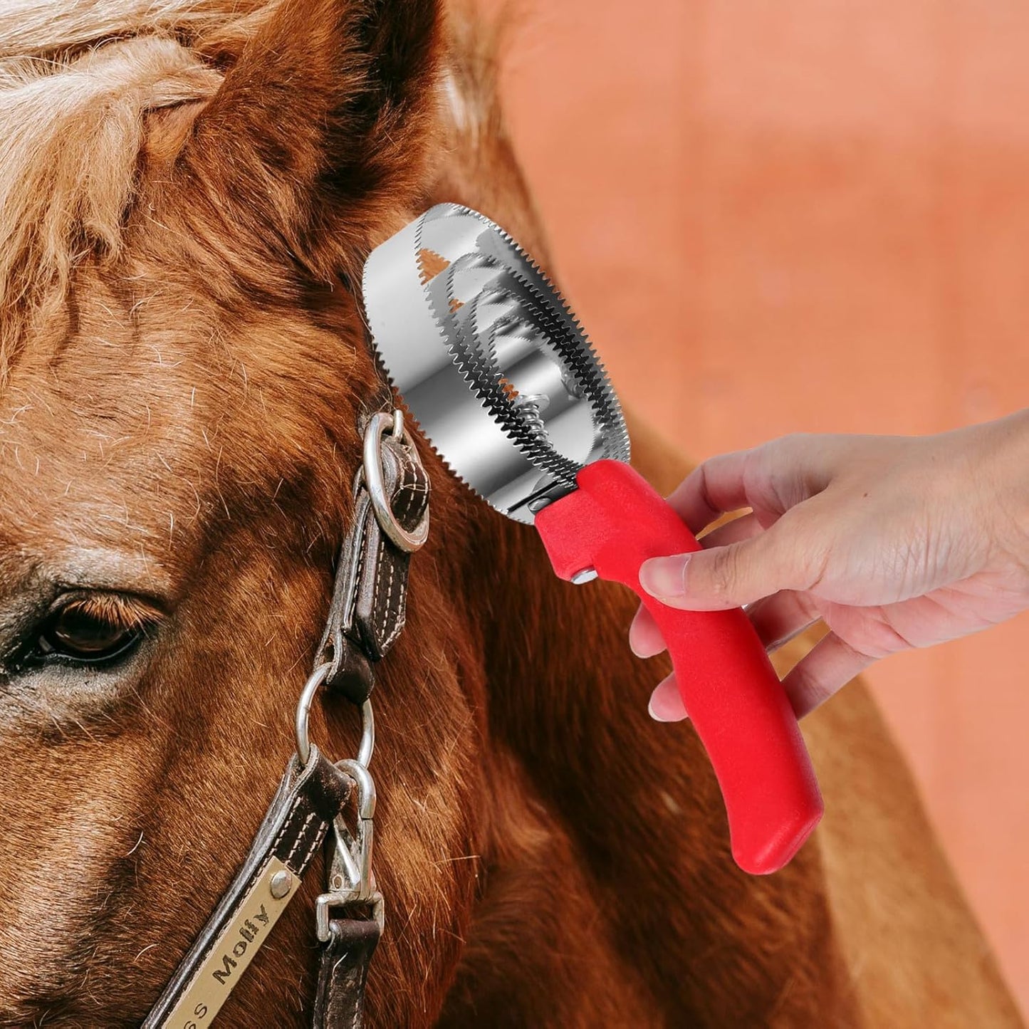 2Pcs Stainless Steel Curry Comb for Horse and Cow Grooming, Double-Sided Metal Rings Brush with Comfortable Grip, Pet Grooming Tool for Removing Loose Hair and Cleaning Tack