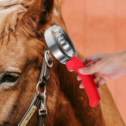 2Pcs Stainless Steel Curry Comb for Horse and Cow Grooming, Double-Sided Metal Rings Brush with Comfortable Grip, Pet Grooming Tool for Removing Loose Hair and Cleaning Tack