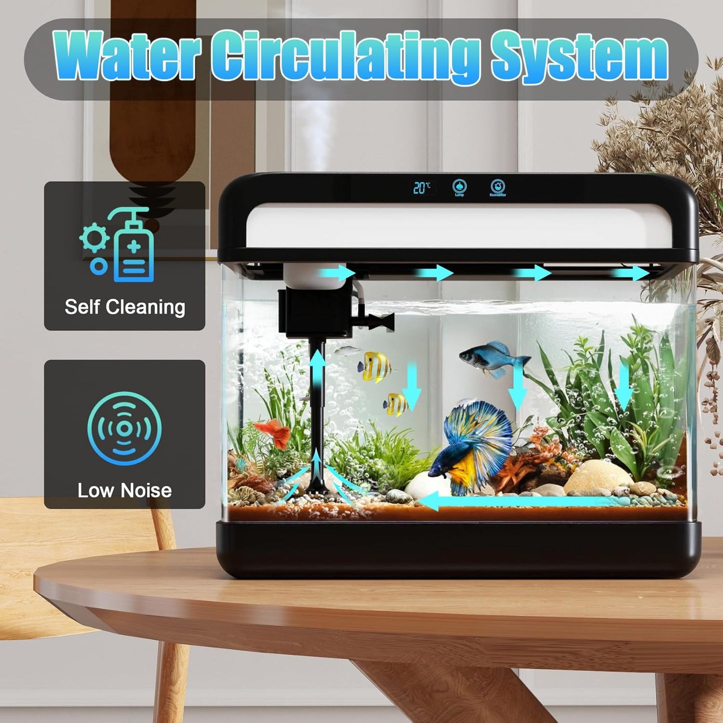 Fish Tank Aquarium 3 Gallon, Smart Aquarium Kits - Silent Water Pump,Self Cleaning System,7 Color Lights,Temperature Display, Aromatherapy, Advanced Filtration