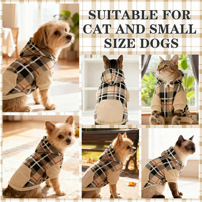EXPAWLORER Plaid Cat Hoodie - British Style Warm Cat Sweater Shirt with Leash Hole,Pet Clothes Outfits,Winter Coat Apparel for Puppy Cats Girl Boy-Kitten Apparel,Beige S