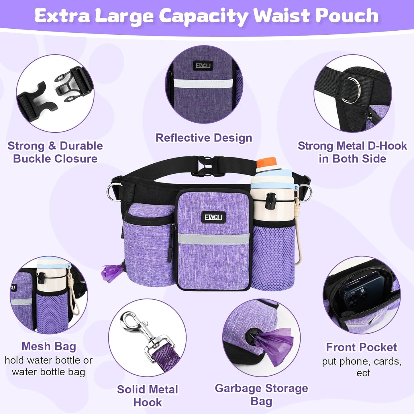 ETACCU Premium Hands Free Dog Leash for 2 Dogs, Adjustable Waist Belt Leash for Dog Walking, Purple (1 Dog Purple)