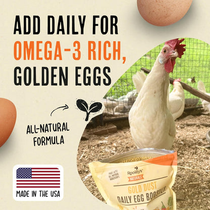 Roosty's Gold Dust Daily Egg Booster - Golden Yolks and Stronger Shells - All Natural Omega-3 Rich - US Made Chicken Supplement - Chicken Health Supplies