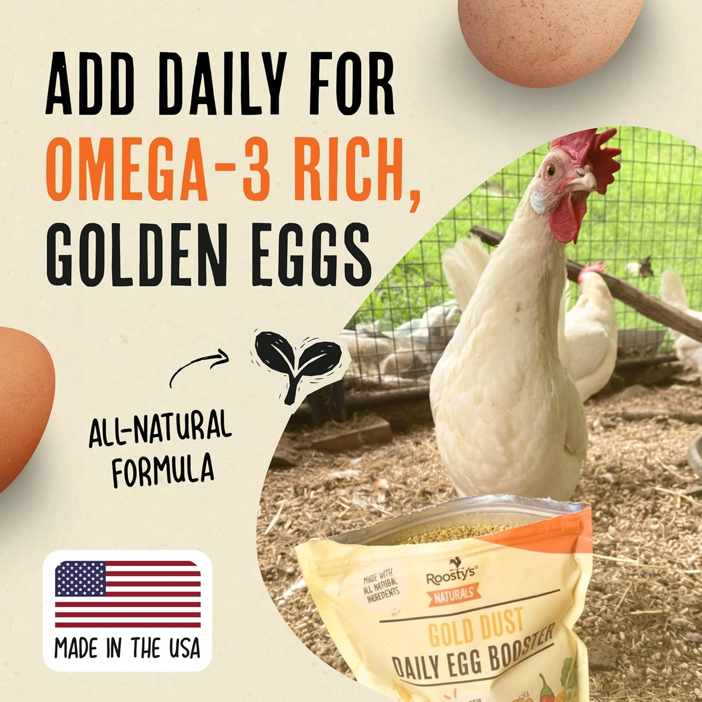 Roosty's Gold Dust Daily Egg Booster - Golden Yolks and Stronger Shells - All Natural Omega-3 Rich - US Made Chicken Supplement - Chicken Health Supplies