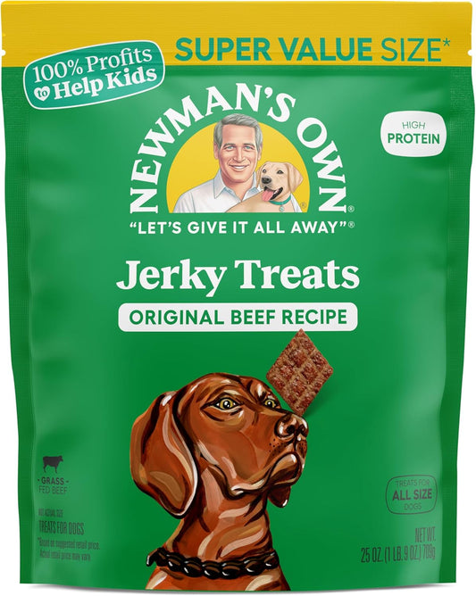 Newman's Own Jerky Treats for Dogs - Original Beef Recipe | Super Value Size | Made with Grass Fed Beef | Grain Free | High in Protein | 25 oz Resealable Bag