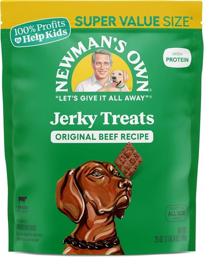 Newman's Own Jerky Treats for Dogs - Original Beef Recipe | Super Value Size | Made with Grass Fed Beef | Grain Free | High in Protein | 25 oz Resealable Bag