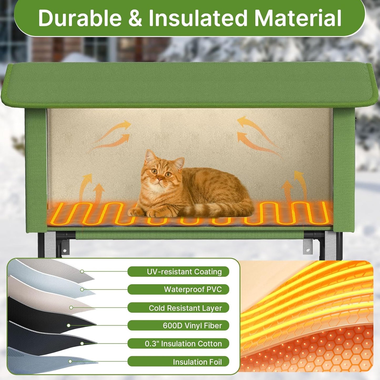 Heated Cat House for Outside - 32" Insulated Cat House Outdoor Weatherproof, Winter Outdoor Cat Shelter with Waterproof Eaves & Escape Door, Elevated Cat Shelter for Feral Stray Cat Kitty, XL