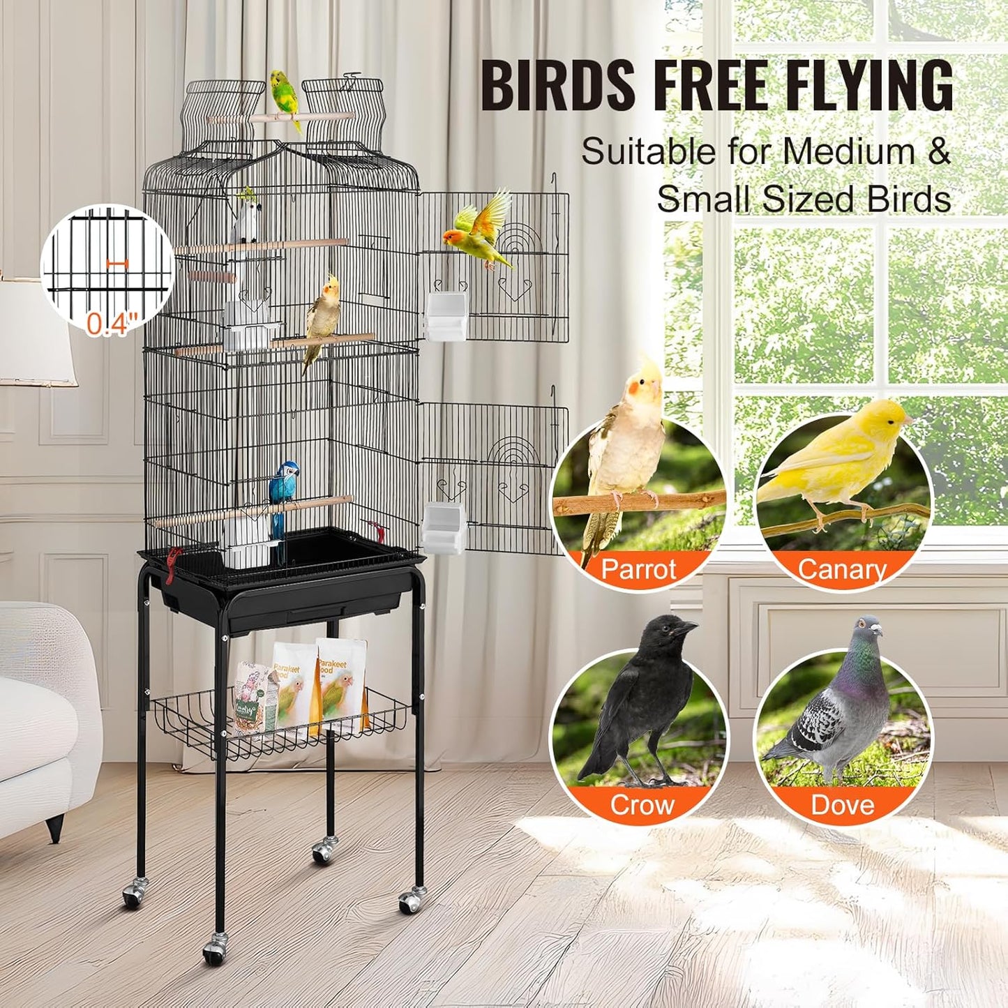 VEVOR 64-inch Open Top Large Parrot Bird Cage with Detachable Rolling Stand for Parakeets Finches Canaries Lovebirds Cockatiels Budgies Small Quaker Conures Flight Birdcage with Swing and Perch