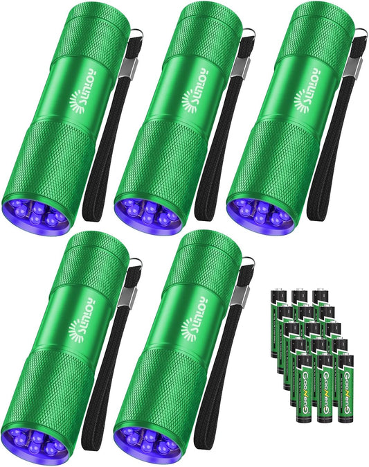 5 Pack Black Light UV Flashlight, 9 LED 395nm Ultraviolet Blacklight Flashlight, Handheld Mini Torch Light Pet Urine Detector for Dog/Cat Urine, Dry Stains(15x AAA Batteries(Green))