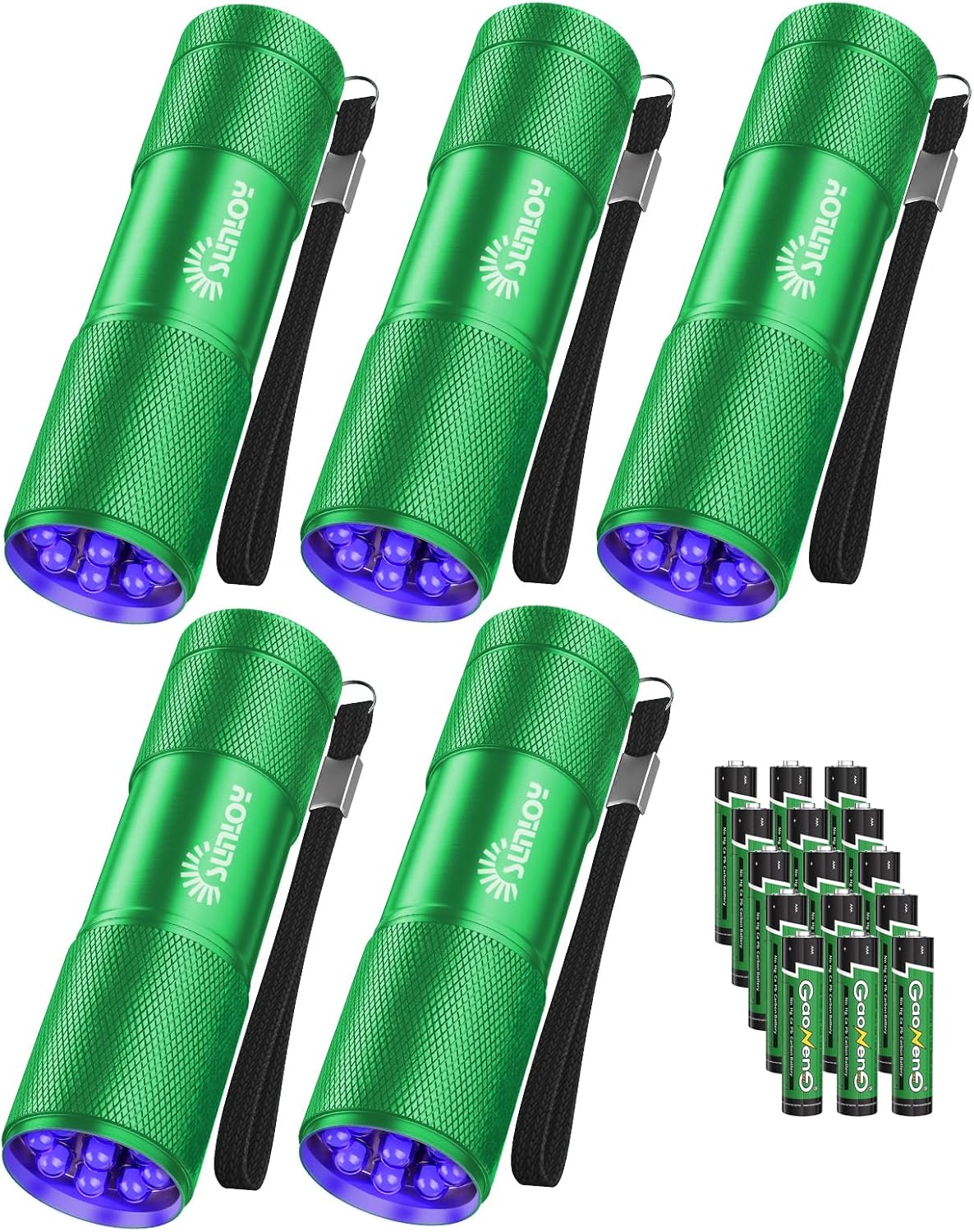 5 Pack Black Light UV Flashlight, 9 LED 395nm Ultraviolet Blacklight Flashlight, Handheld Mini Torch Light Pet Urine Detector for Dog/Cat Urine, Dry Stains(15x AAA Batteries(Green))