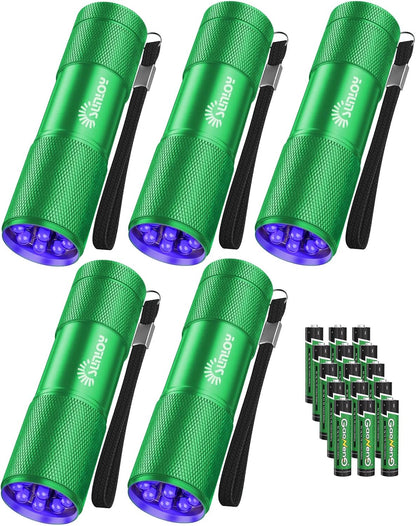5 Pack Black Light UV Flashlight, 9 LED 395nm Ultraviolet Blacklight Flashlight, Handheld Mini Torch Light Pet Urine Detector for Dog/Cat Urine, Dry Stains(15x AAA Batteries(Green))