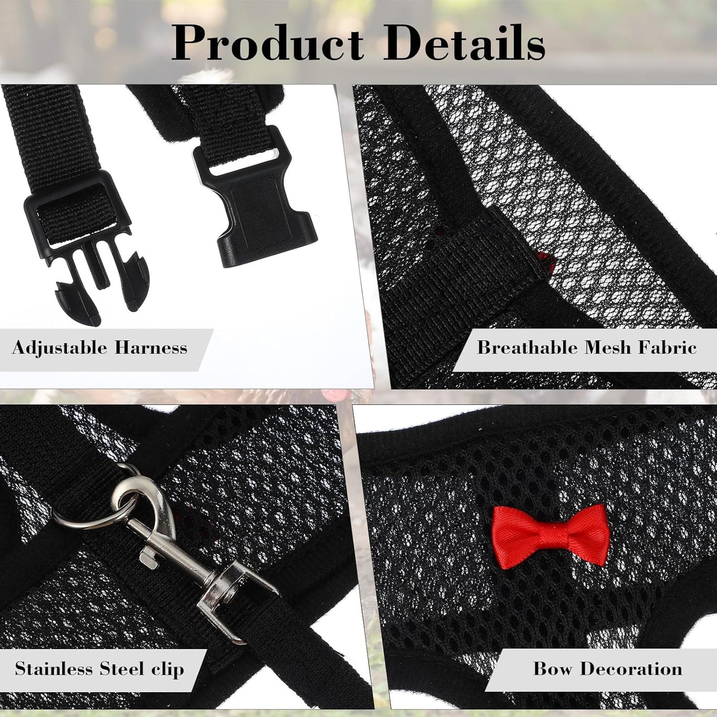 Chicken Harness with Leash Set, Upgraded Double Adjustable Mesh Breathable Chicken Training Harness, Pets Leash for 3-4 Lb Hens Duck Goose Small Pets Training Walking Supplies (Black)