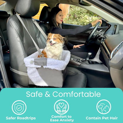 Dog Car Seat for Small Dogs - Grey Dog Booster Seat- Washable, Adjustable and Collapsible Pet Travel Carrier Bed- Includes Safety Seat Belt Tether for Small Dogs, Puppies and Pets up to 18 lbs