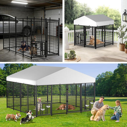 LOVMOR Outdoor Dog Kennel with Roof, Heavy Duty Steel Dog Run Enclosure for Large Dogs, Waterproof Canopy, Double Latch Door, Adjustable Feeding Bowls, Pet Pen for Yard and Patio, 10’L x 10’W x 6.5’H