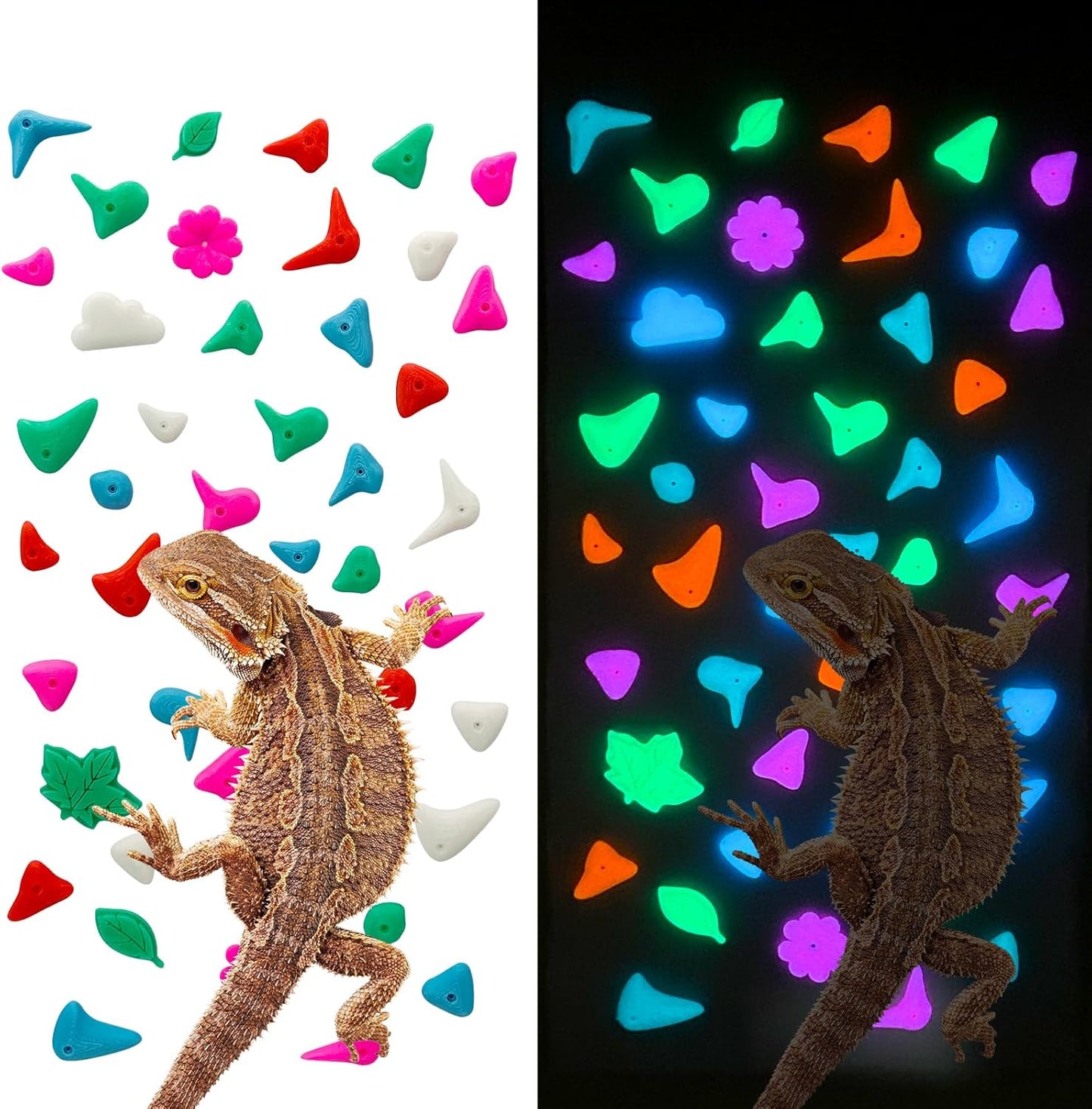 46PCS Glow in the Dark Bearded Dragon Rock Climbing Holds,Reptile Rock Climbing Wall,Bearded Dragon Enrichment Toys,Bearded Dragon Tank Accessories,Climbing Wall Grips for Bearded Dragon,Gecko,Lizard