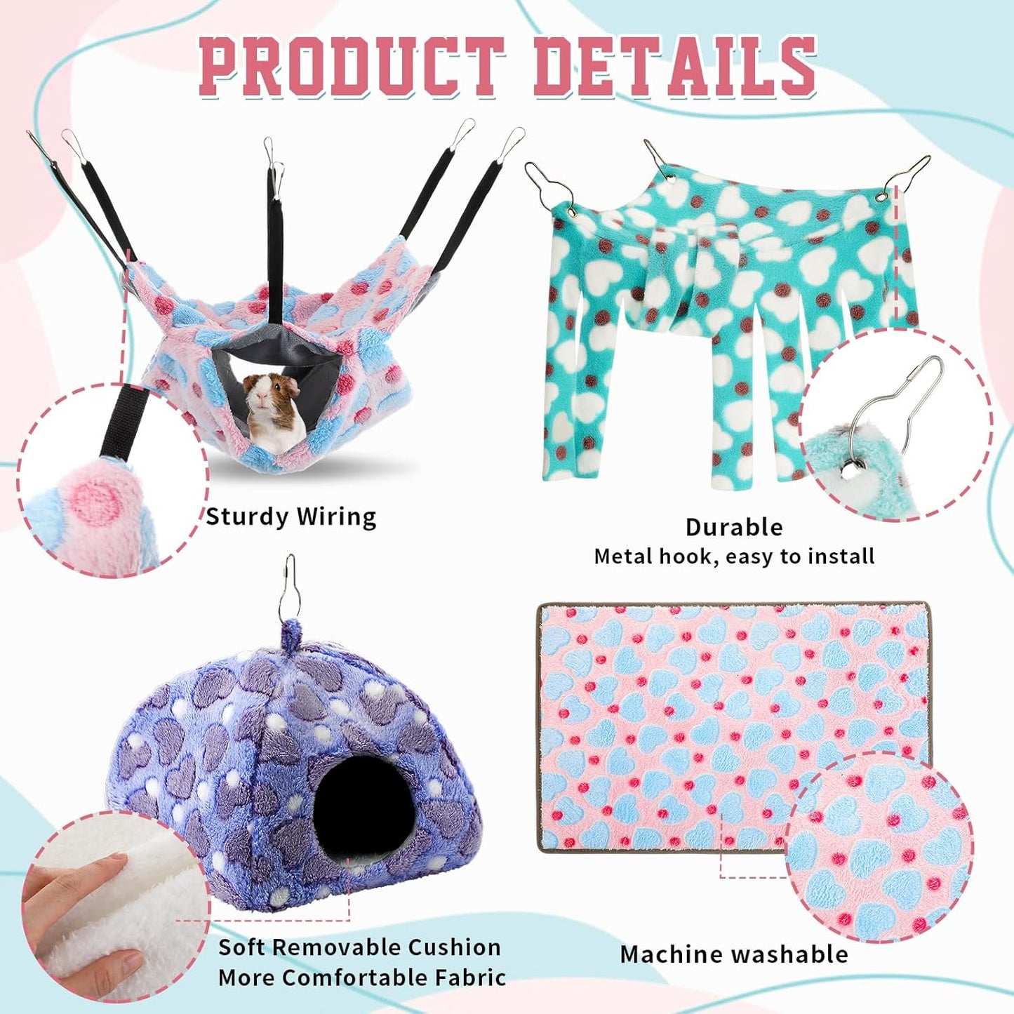 8 in 1 Winter Rat Cage Accessories Guinea Pig Hammock Ferret Cave Beds Guinea Pig Hideout Washable Soft Hamster Toys Hanging Tunnels Mats Curtains for Christmas Small Animals Pet Bunny Gifts