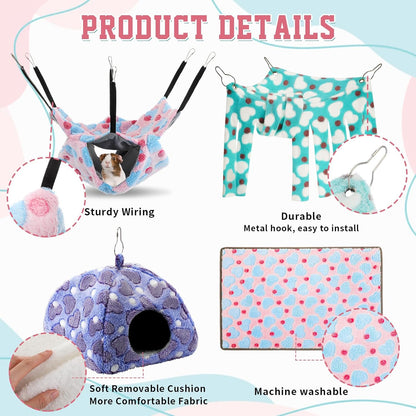 8 in 1 Winter Rat Cage Accessories Guinea Pig Hammock Ferret Cave Beds Guinea Pig Hideout Washable Soft Hamster Toys Hanging Tunnels Mats Curtains for Christmas Small Animals Pet Bunny Gifts