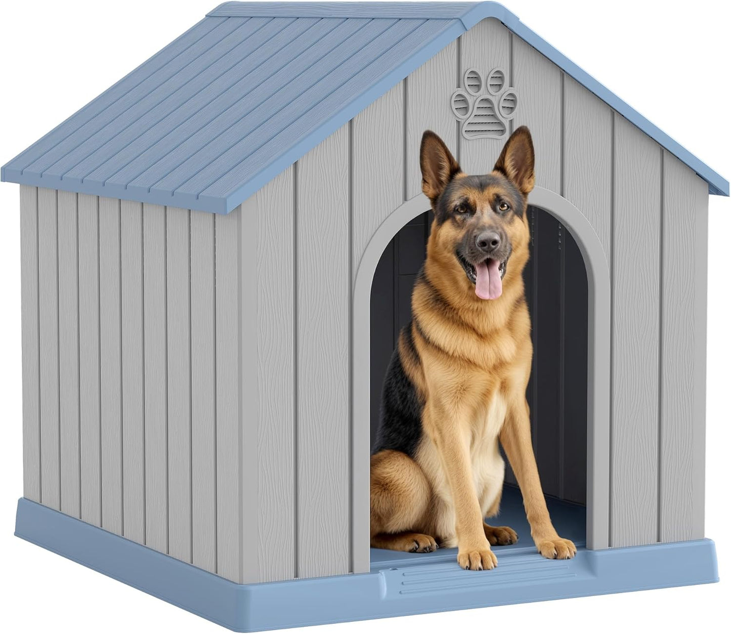Fancyango Large Dog House Outdoor Indoor for Medium Large Dogs, Sturdy Plastic Waterproof Doghouse with Air Vents and Elevated Floor, Easy Clean and Assemble (Blue, 36.2''L×38''W×38''H)