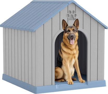 Fancyango Large Dog House Outdoor Indoor for Medium Large Dogs, Sturdy Plastic Waterproof Doghouse with Air Vents and Elevated Floor, Easy Clean and Assemble (Blue, 36.2''L×38''W×38''H)