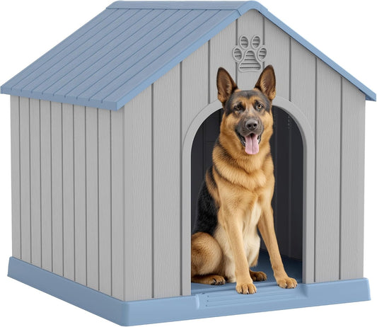 Fancyango Large Dog House Outdoor Indoor for Medium Large Dogs, Sturdy Plastic Waterproof Doghouse with Air Vents and Elevated Floor, Easy Clean and Assemble (Blue, 36.2''L×38''W×38''H)
