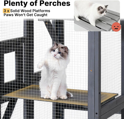 Veehoo Catio Outdoor Cat Enclosure, 63" Cat Outdoor Enclosure Window Access, Large Wooden Indoor Cats Patio Cage with Weatherproof Tarp Roof