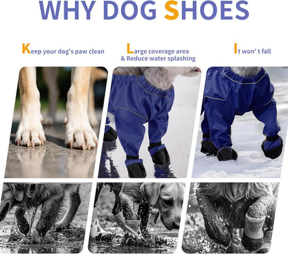Waterproof Dogs Boots Anti Slip with Reflective Straps, Pets Boots with Suspenders for Snow and Rain Days Small to Medium Dogs, One-Piece Design Paw Protectors for Walking Grassland, Blue (M)