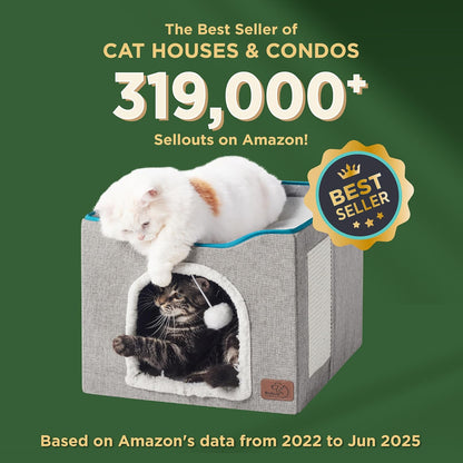 Bedsure Cat Beds for Indoor Cats - Large Cat Cave for Pet Cat House with Fluffy Ball Hanging and Scratch Pad, Foldable Cat Hideaway, 16.5x16.5x13 inches, Grey