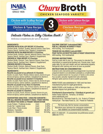 INABA Churu Broth for Cats, Side Dish Pouch, 1.4 Ounces per Pouch, 12 Pouches, Chicken & Seafood Variety