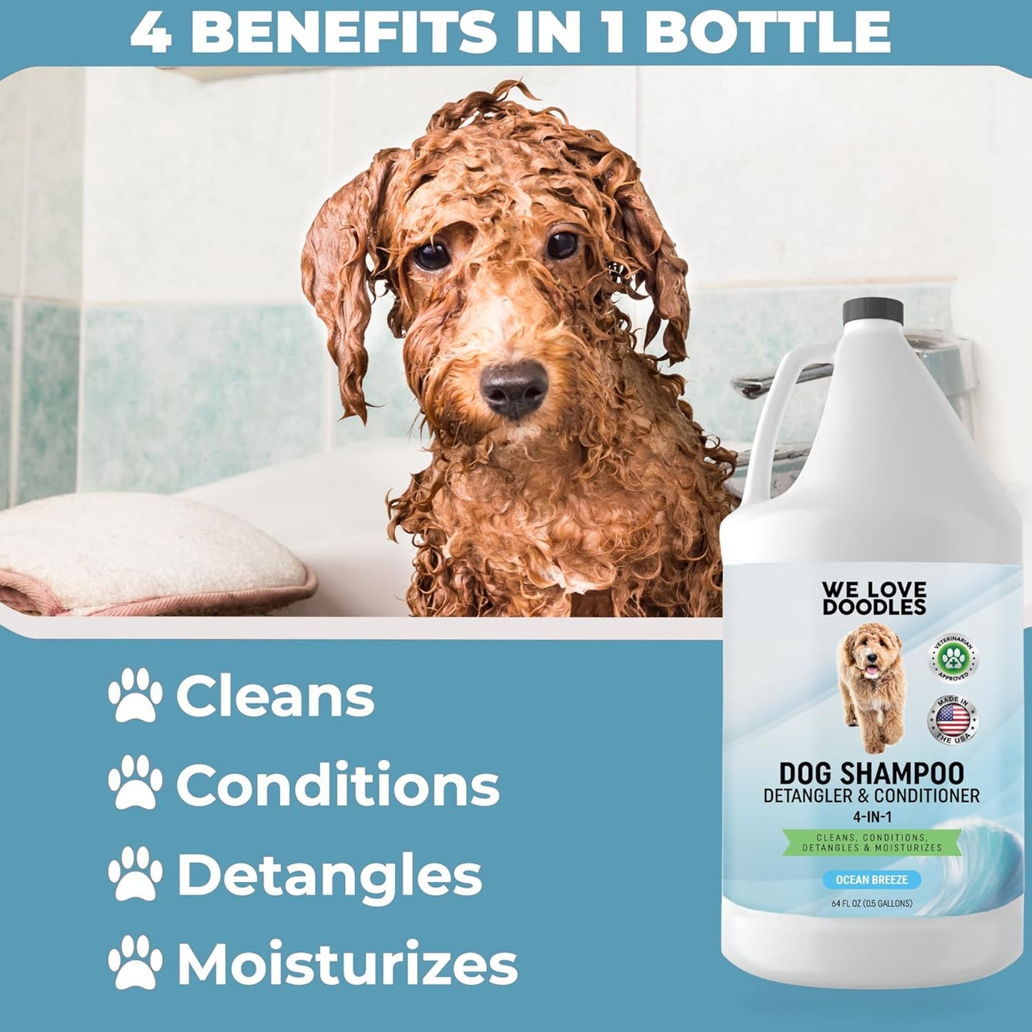 Dog Shampoo Half Gallon - Cleans, Conditions & Detangles, Goldendoodles, Poodles, & Doodle Shampoo - for Matted Pet Hair - Sensitive Skin Wash for Puppies - Made in The USA, 64OZ (Ocean Breeze)