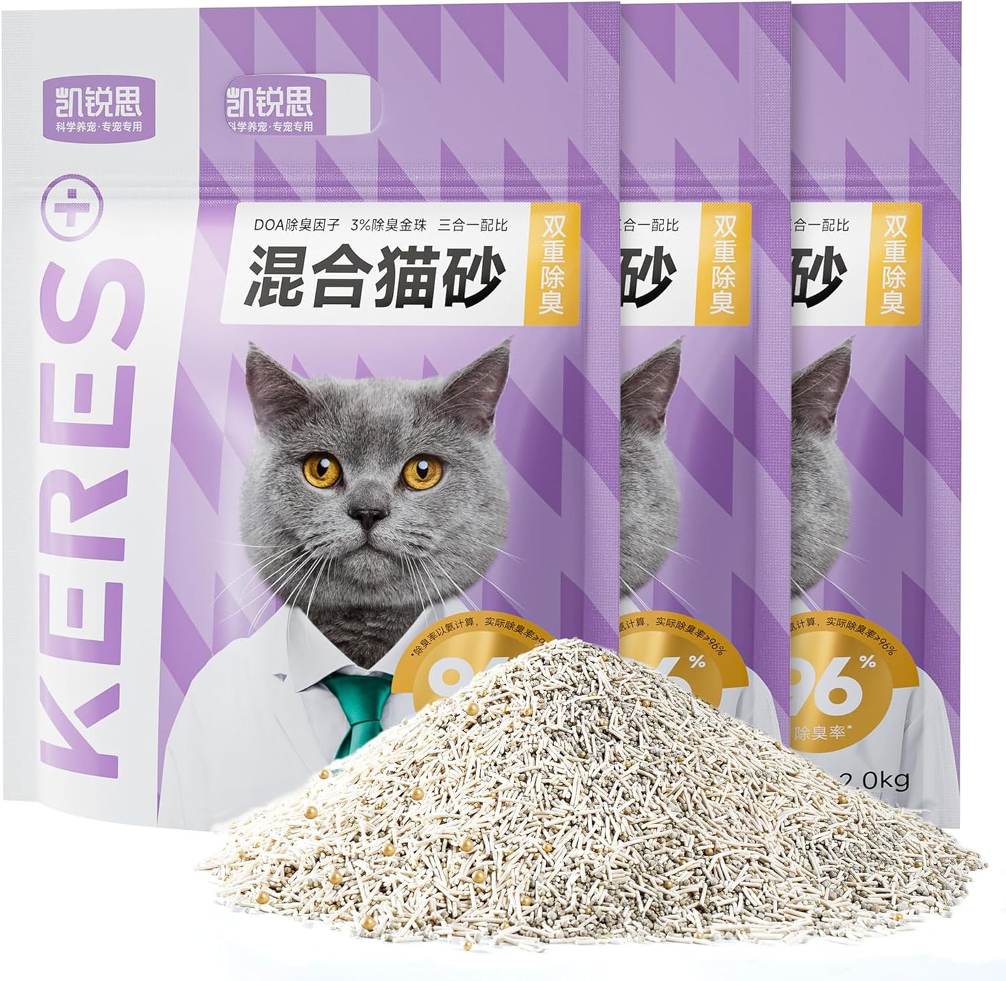 KERES Cat Litter Mixed- Ultra Absorbent, 99% Dust-Free, Advanced Odor Control, Fast-Clumping, Natural Clay & Tofu Blend, Low Tracking, Multi-Cat Formula (4.4lb*3bag)