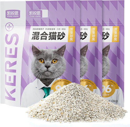 KERES Cat Litter Mixed- Ultra Absorbent, 99% Dust-Free, Advanced Odor Control, Fast-Clumping, Natural Clay & Tofu Blend, Low Tracking, Multi-Cat Formula (4.4lb*3bag)