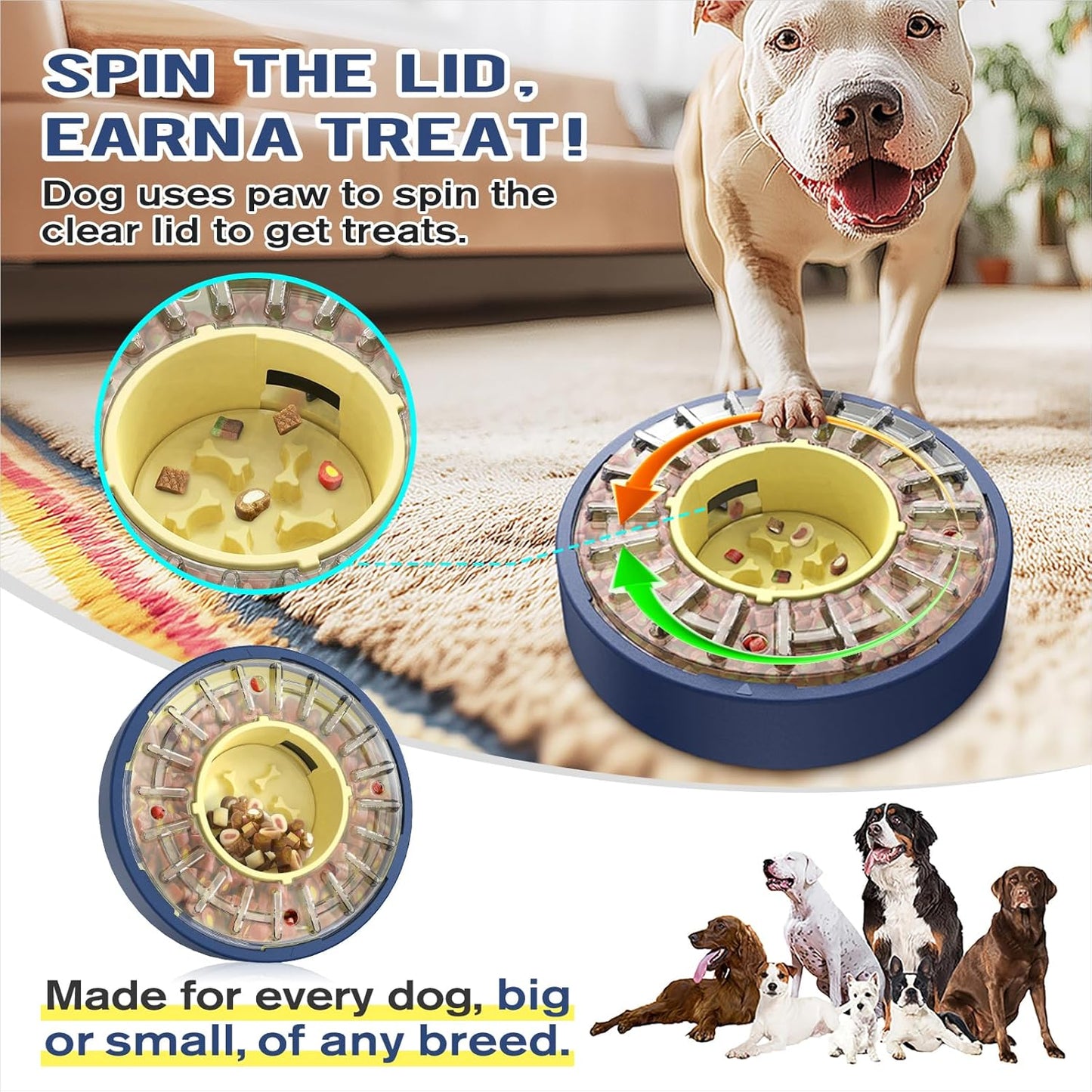 KADTC U.S. Brand & Design Large Size & Capacity Spinning Dog Puzzle Feeder - Food Dispensing Slow Puzzles Bowl for Dogs Feeding Time from 5-60 min Puppy Treat Dispenser Toys Christmas & New Year Gift
